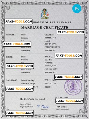 Bahamas marriage certificate PSD template, fully editable