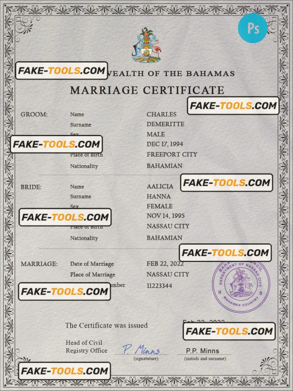 Bahamas marriage certificate PSD template, fully editable
