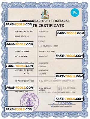 Bahamas vital record birth certificate PSD template, fully editable