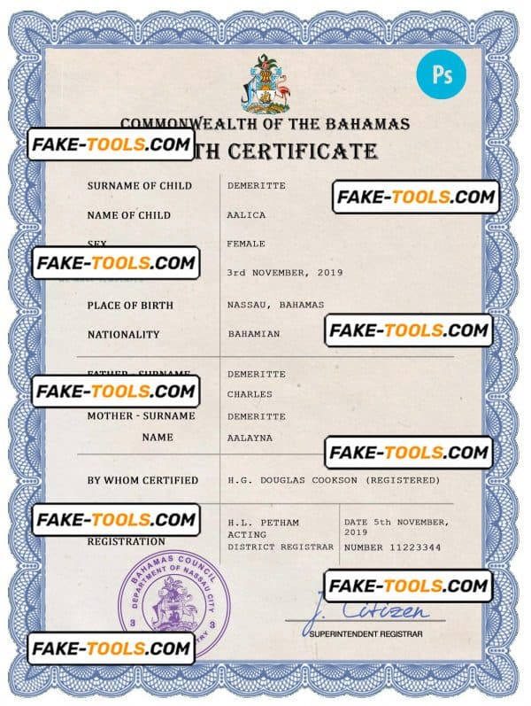 Bahamas vital record birth certificate PSD template, fully editable