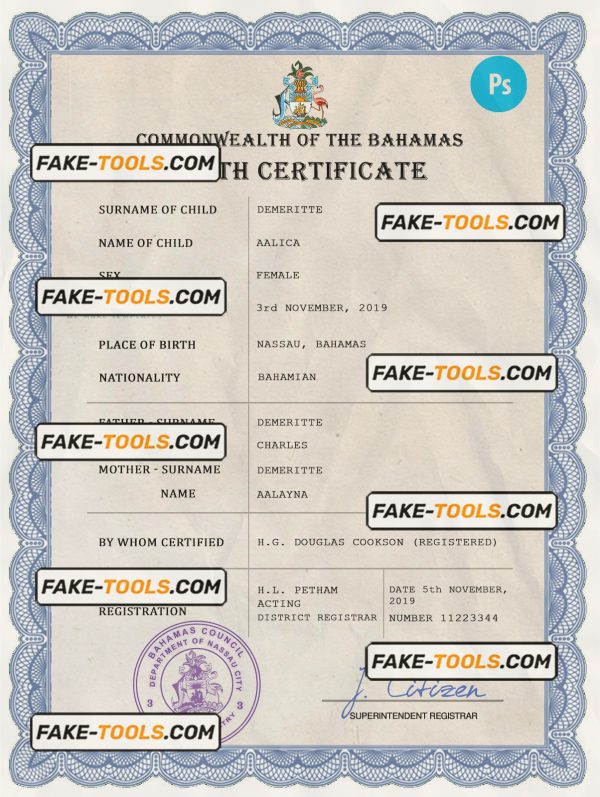 Bahamas vital record birth certificate PSD template, fully editable