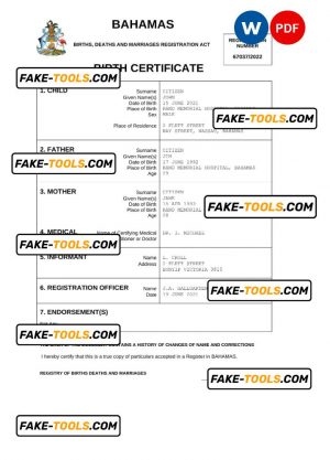 Bahamas vital record birth certificate Word and PDF template, completely editable