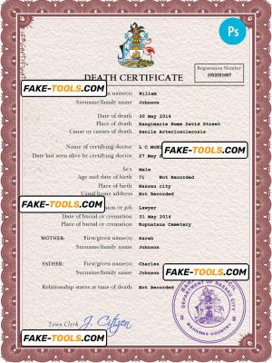 Bahamas vital record death certificate PSD template