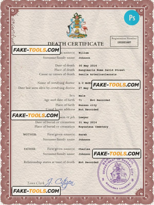 Bahamas vital record death certificate PSD template