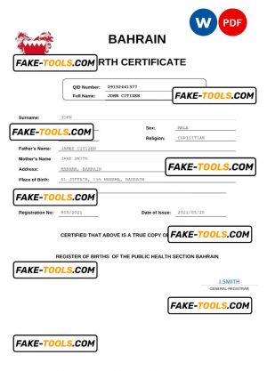 Bahrain vital record birth certificate Word and PDF template