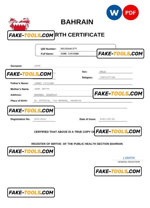 Bahrain vital record birth certificate Word and PDF template