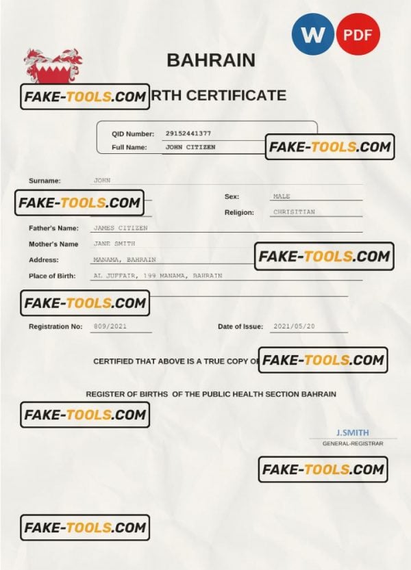 Bahrain vital record birth certificate Word and PDF template
