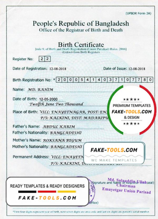 Bangladesh Birth certificate template in PSD format, fully editable