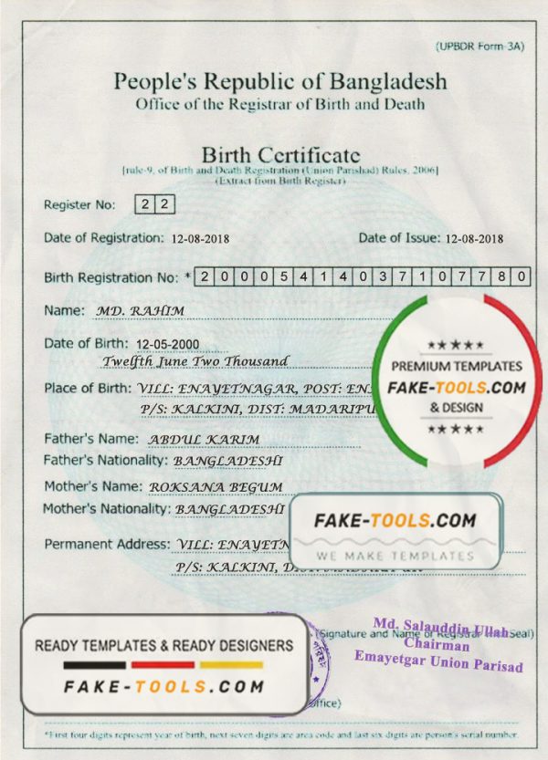 Bangladesh Birth certificate template in PSD format, fully editable