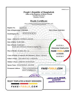 Bangladesh Death certificate template in PSD format, fully editable