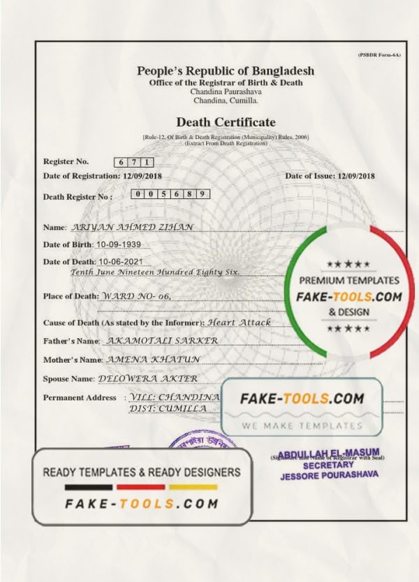 Bangladesh Death certificate template in PSD format, fully editable