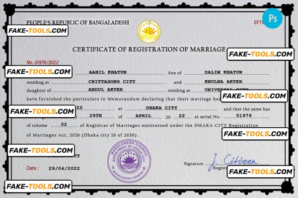 Bangladesh marriage certificate PSD template, fully editable