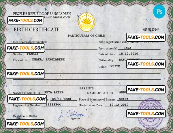 Bangladesh vital record birth certificate PSD template