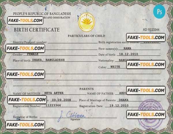 Bangladesh vital record birth certificate PSD template