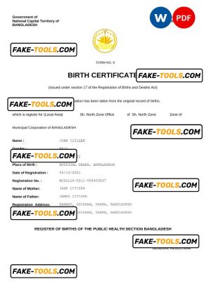 Bangladesh vital record birth certificate Word and PDF template, fully editable