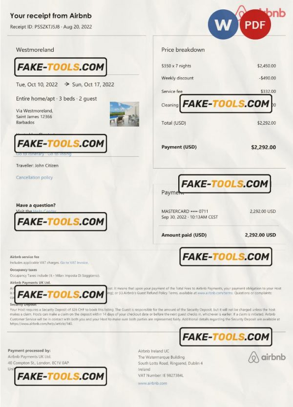 Barbados Airbnb booking confirmation Word and PDF template scan effect