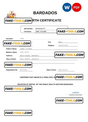 Barbados birth certificate Word and PDF template, completely editable