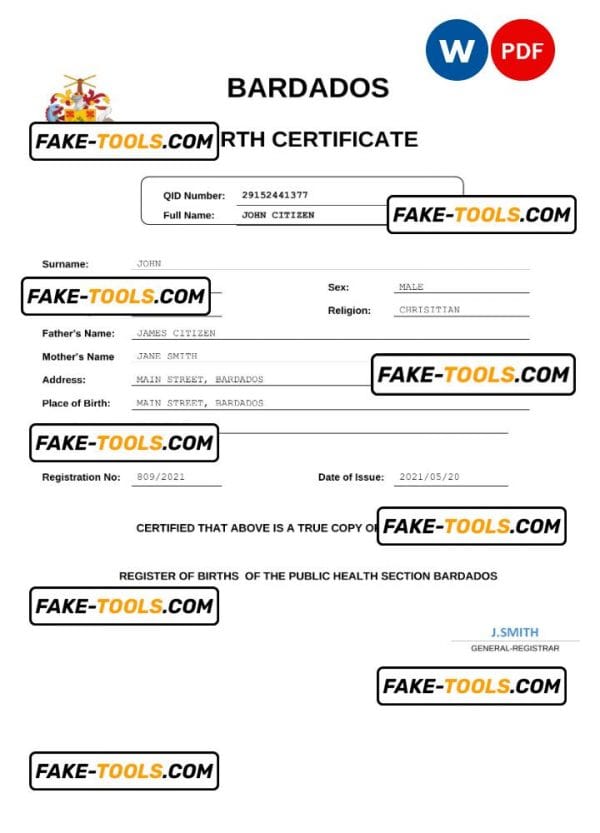 Barbados birth certificate Word and PDF template, completely editable