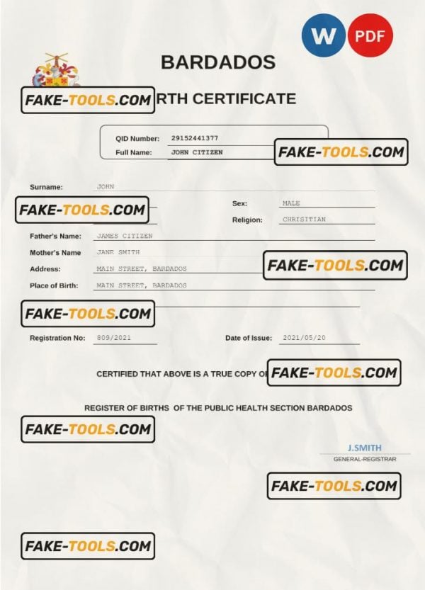 Barbados birth certificate Word and PDF template, completely editable