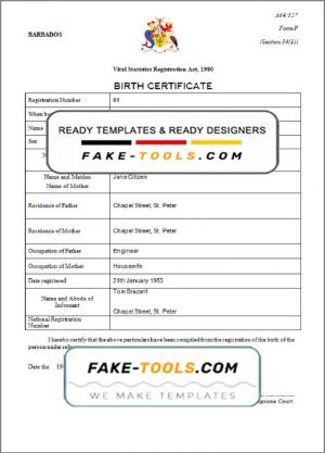 Barbados birth certificate template in Word and PDF format