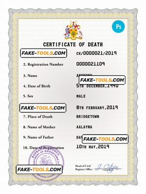 Barbados death certificate PSD template, completely editable