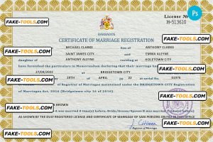 Barbados marriage certificate PSD template, completely editable