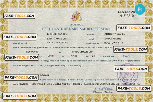 Barbados marriage certificate PSD template, completely editable