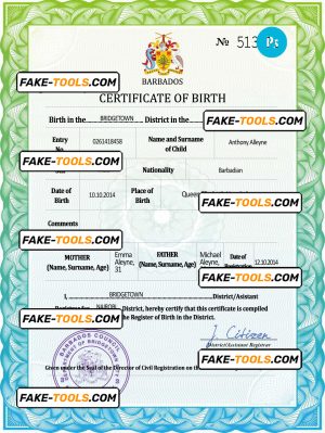 Barbados vital record birth certificate PSD template, completely editable