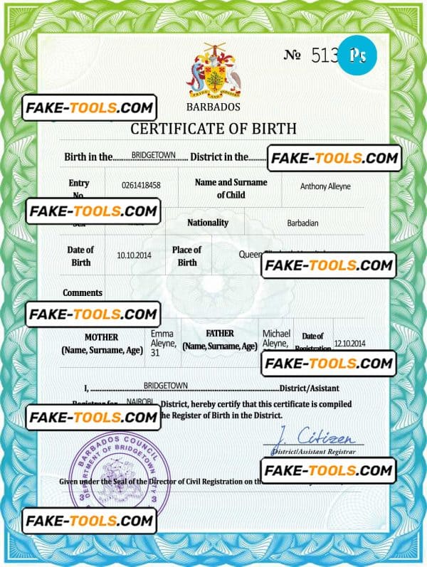 Barbados vital record birth certificate PSD template, completely editable
