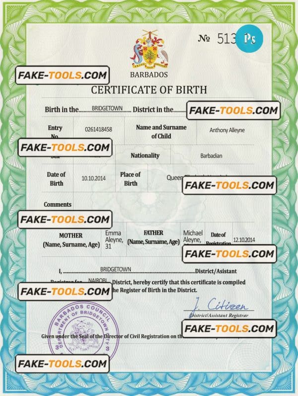 Barbados vital record birth certificate PSD template, completely editable