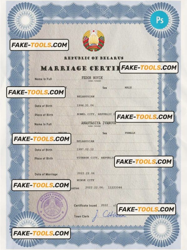 Belarus marriage certificate PSD template, fully editable