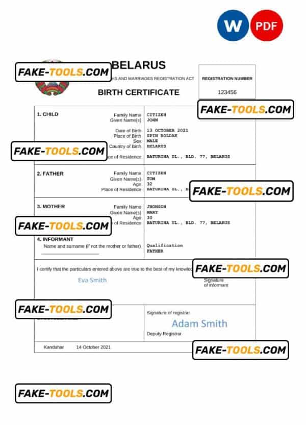 Belarus vital record birth certificate Word and PDF template, completely editable