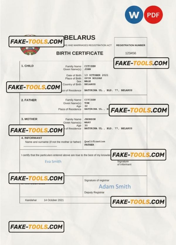 Belarus vital record birth certificate Word and PDF template, completely editable