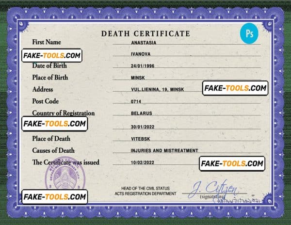 Belarus vital record death certificate PSD template, completely editable