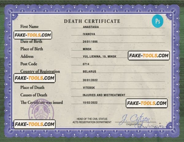 Belarus vital record death certificate PSD template, completely editable
