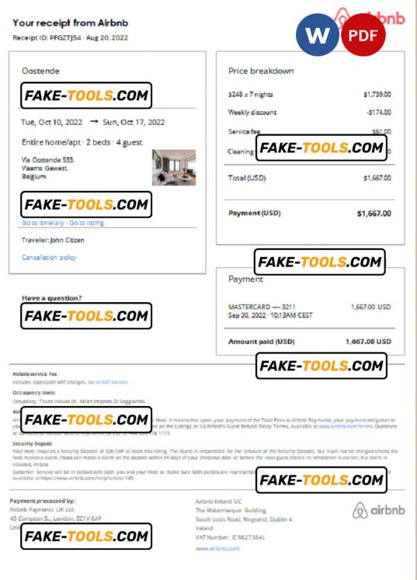 Belgium Airbnb booking confirmation Word and PDF template