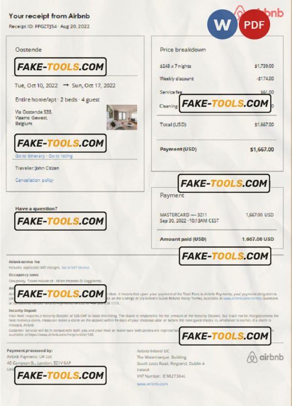 Belgium Airbnb booking confirmation Word and PDF template scan effect