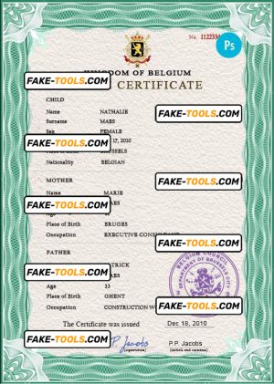 Belgium vital record birth certificate PSD template, fully editable