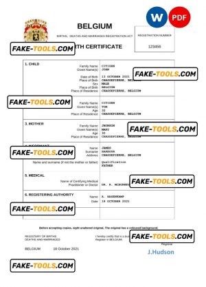 Belgium vital record birth certificate Word and PDF template