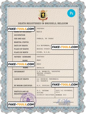 Belgium vital record death certificate PSD template