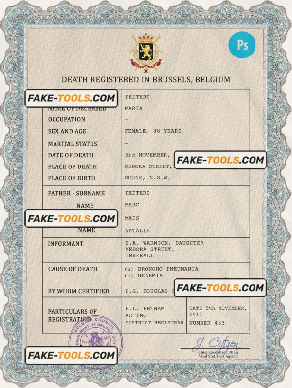 Belgium vital record death certificate PSD template