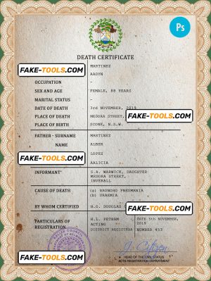 Belize death certificate PSD template, completely editable