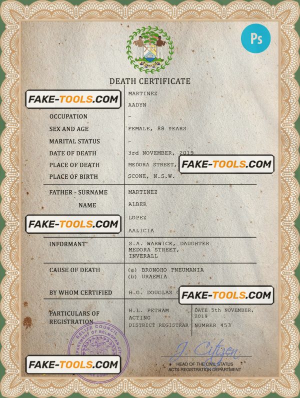 Belize death certificate PSD template, completely editable