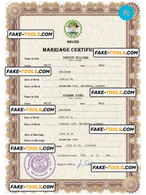 Belize marriage certificate PSD template, fully editable