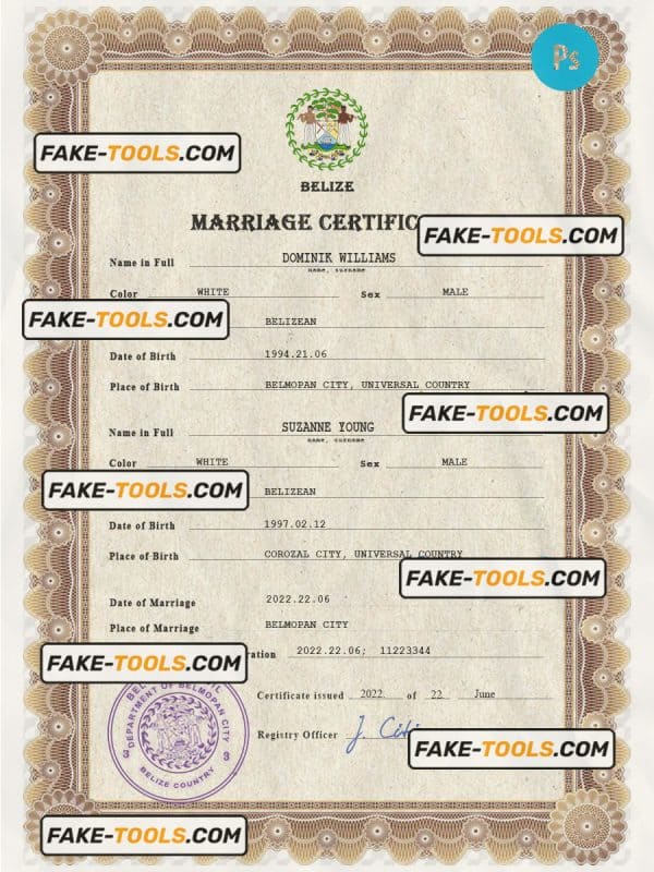 Belize marriage certificate PSD template, fully editable