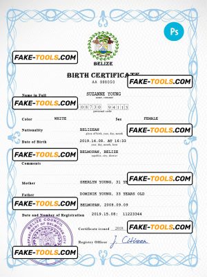 Belize vital record birth certificate PSD template