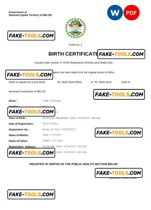 Belize vital record birth certificate Word and PDF template, fully editable