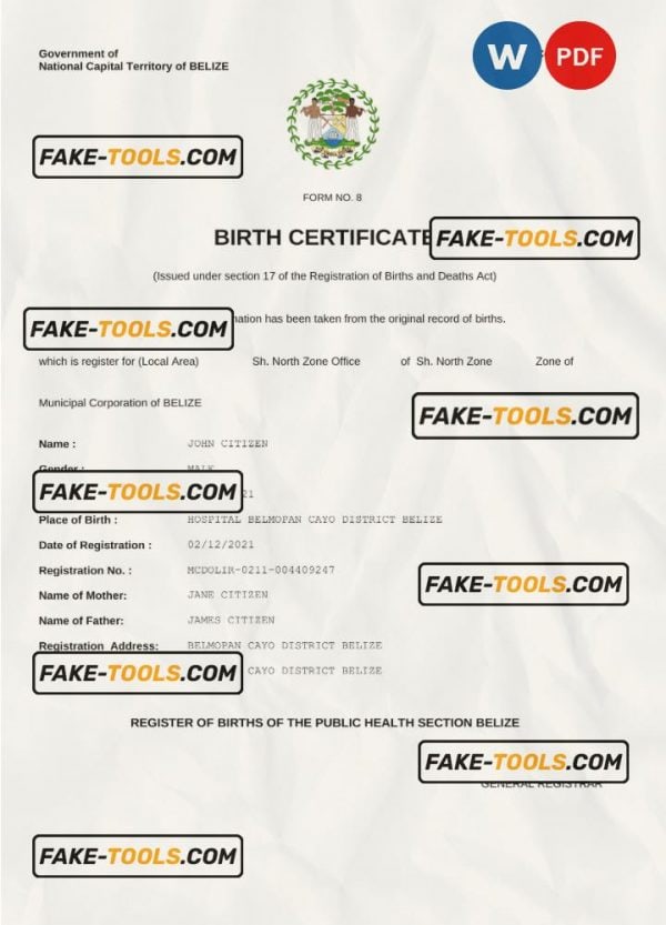 Belize vital record birth certificate Word and PDF template, fully editable