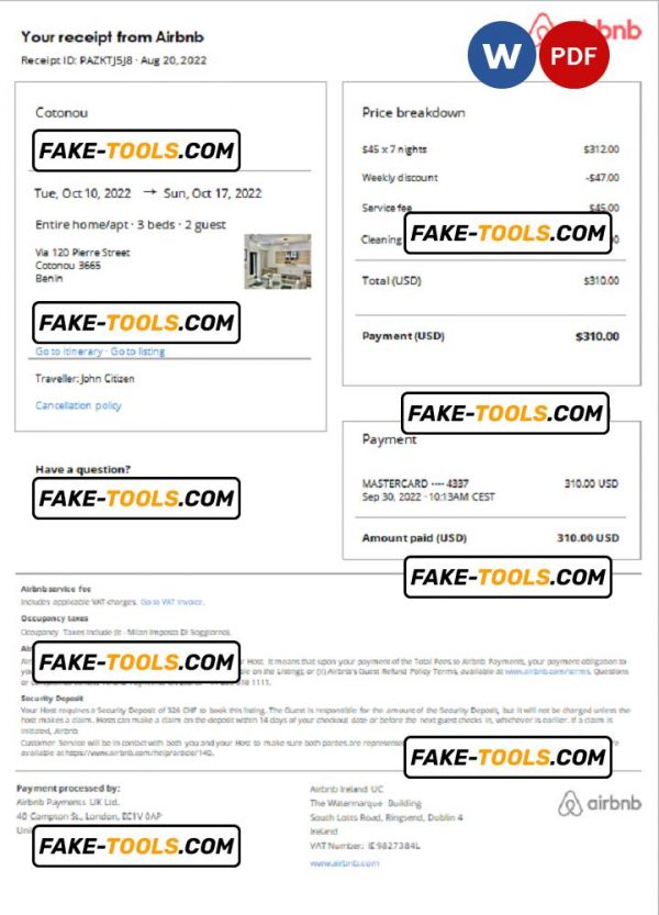 Benin Airbnb booking confirmation Word and PDF template