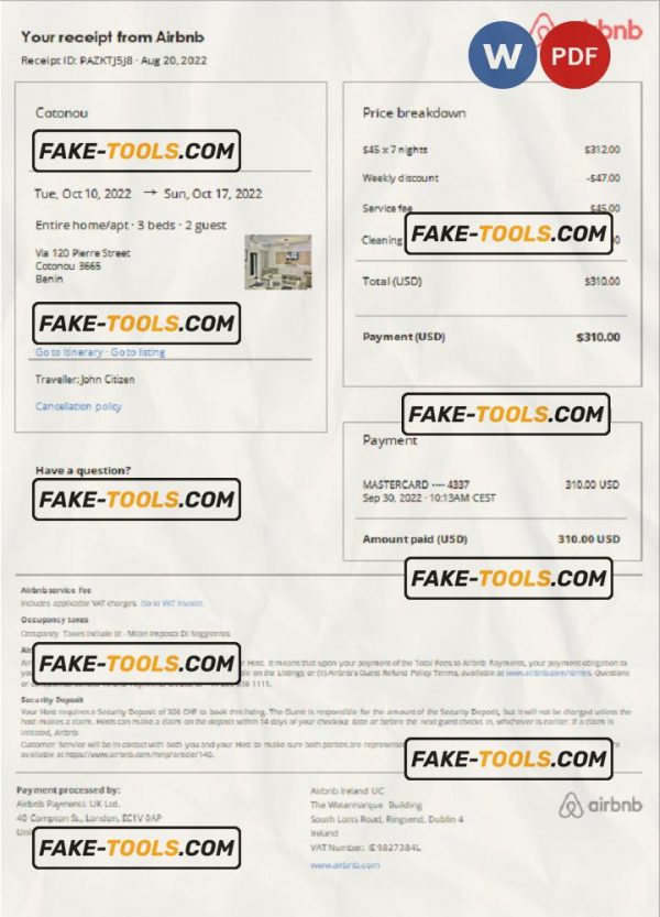 Benin Airbnb booking confirmation Word and PDF template scan effect